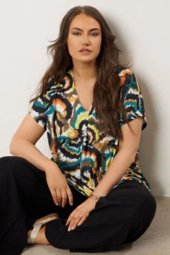 EVANS Curve Dark Green Smudge Print Angel Sleeve Jersey Top