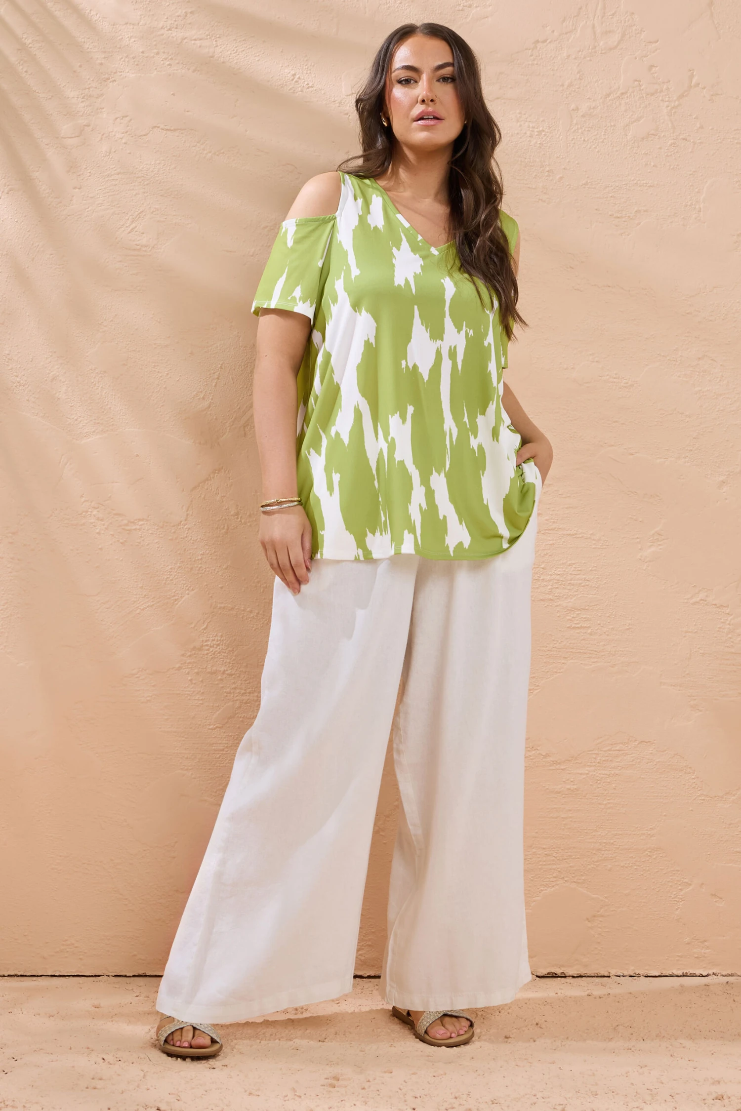 EVANS Curve Green Abstract Print Cold Shoulder Top 3 EVANS Curve Green Abstract Print Cold Shoulder Top