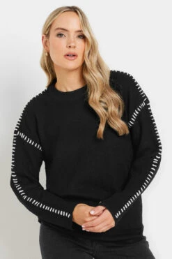 LTS Tall Black Knitted Contrast Stitch Jumper