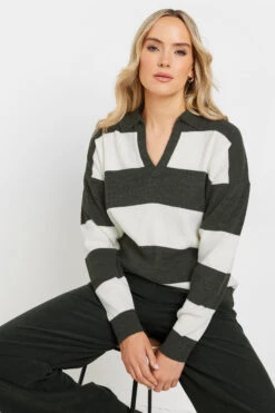 LTS Tall Grey Knitted Stripe Collared Jumper