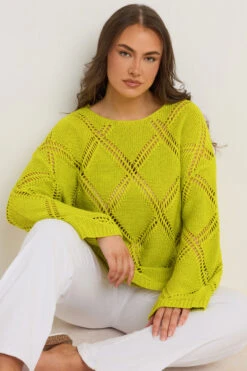 EVANS Curve Chartreuse Green Diamond Pointelle Jumper