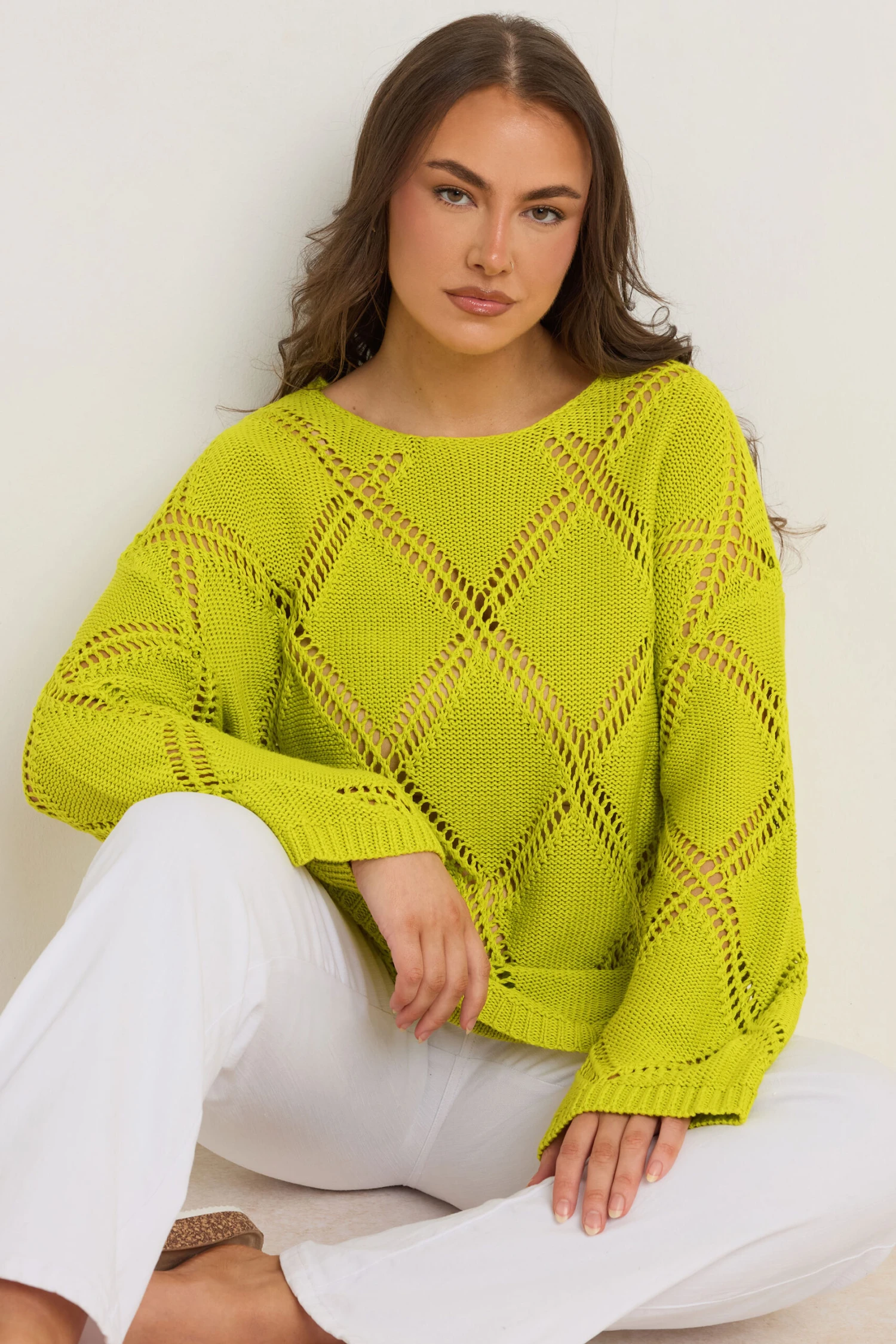 EVANS Curve Chartreuse Green Diamond Pointelle Jumper 3 EVANS Curve Chartreuse Green Diamond Pointelle Jumper