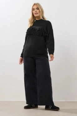 YOURS - Pull Noir Nervuré Manches Longues à Franges -Evans Boutique a43c4719 5910 46 280488 B