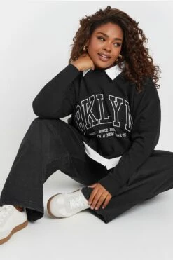 YOURS - Sweatshirt Noir 'BKLYN' 2 En 1 Manches Longues -Evans Boutique a471da50 cce9 4c 126640 B