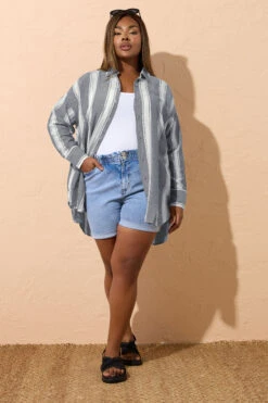 YOURS - Chemisier En Lin Bleu Marine Délavé à Rayures -Evans Boutique a47987f6 74ff 49 330621 B