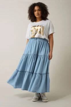 EVANS Curve Light Blue Lyocell Denim Tiered Skirt -Evans Boutique a518d785 4464 47 616011 B