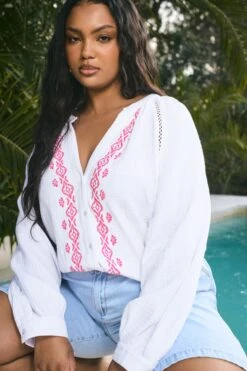 YOURS - Chemisier Blanc Brodé Manches Longues