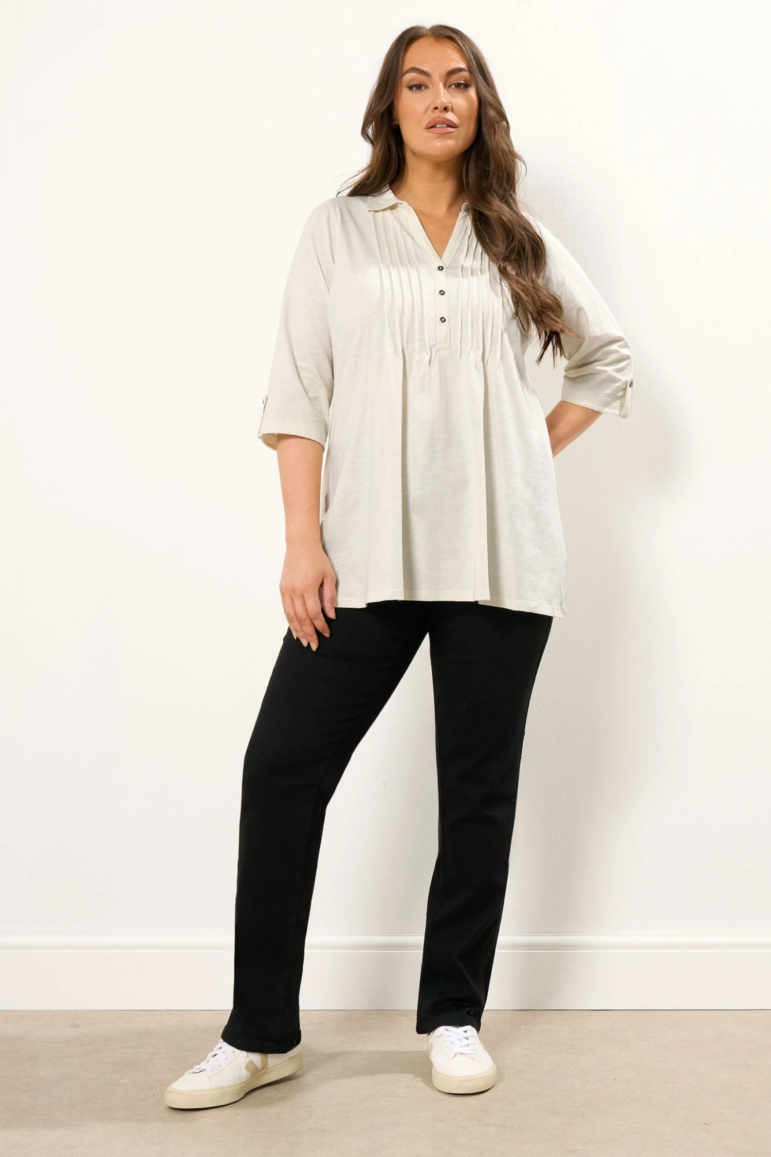 EVANS Curve Cream Pintuck Henley Top 4 EVANS Curve Cream Pintuck Henley Top – Image 2