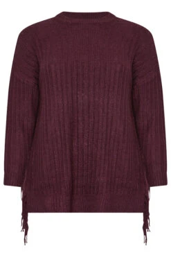 YOURS Curve Pull En Maille à Franges Latérales Rouge Bordeaux