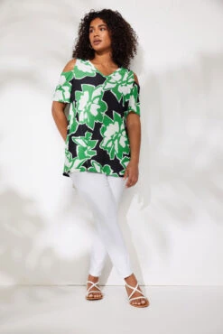 EVANS Curve Green Abstract Floral Cold Shoulder Top -Evans Boutique a734a0bb 1eba 46 615404 L2