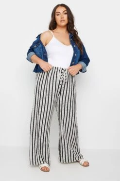 YOURS - Pantalon En Lin Noir & Blanc Design Rayures