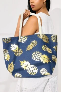 Navy Blue & Gold Pineapple Tote Bag