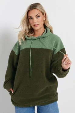 YOURS - Pull à Capuche Vert Kaki & Vert Sauge En Polaire