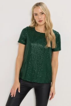 LTS Tall Green Crew Neck Sequin Top