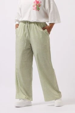 YOURS Curve Pantalon Large à Carreaux Vichy Vert Sauge