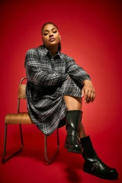 YOURS - Robe-Chemisier Grise à Carreaux En Coton