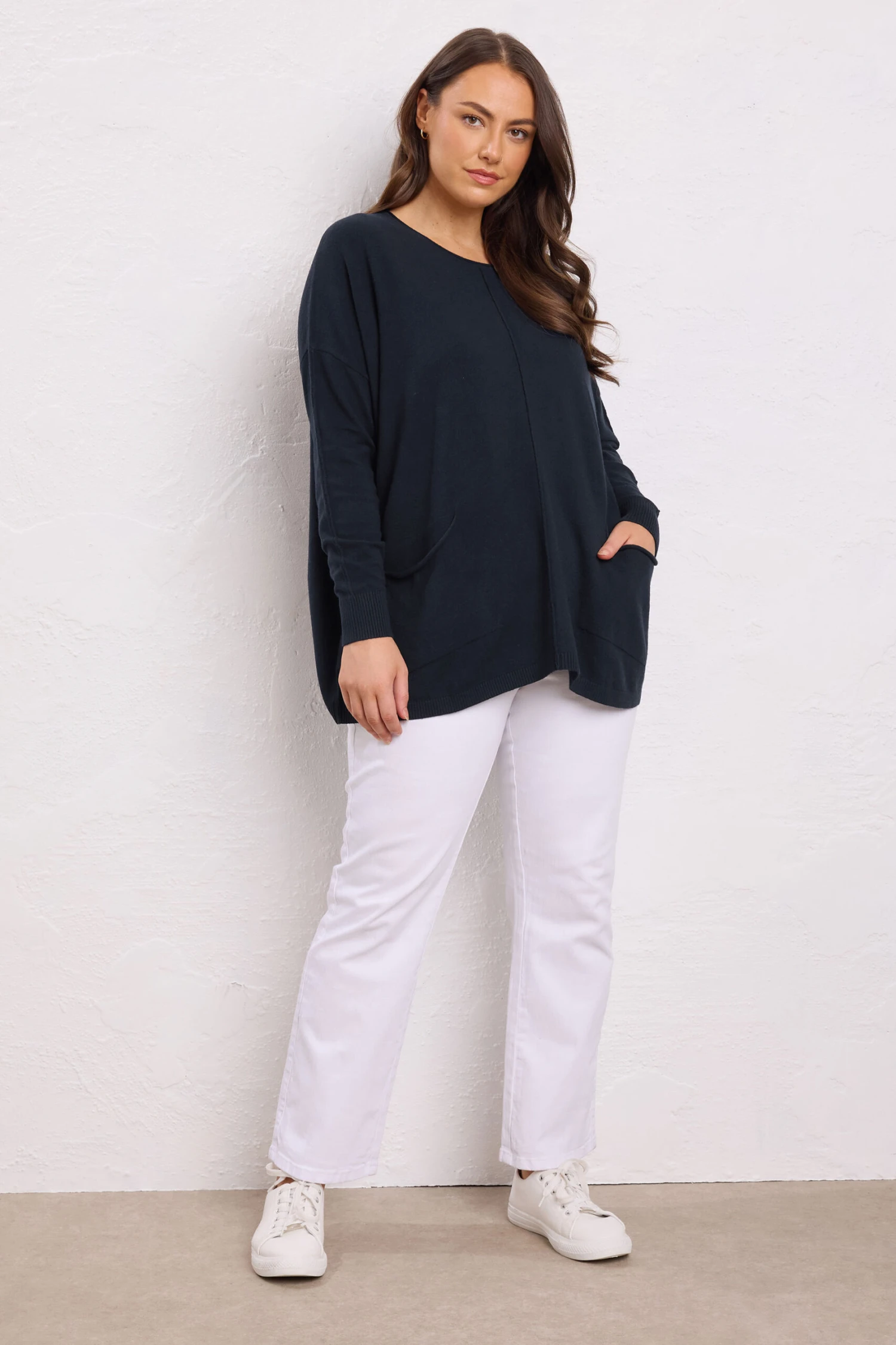 EVANS Curve Navy Blue Soft Touch Front Seam Jumper 5 EVANS Curve Navy Blue Soft Touch Front Seam Jumper – Image 3