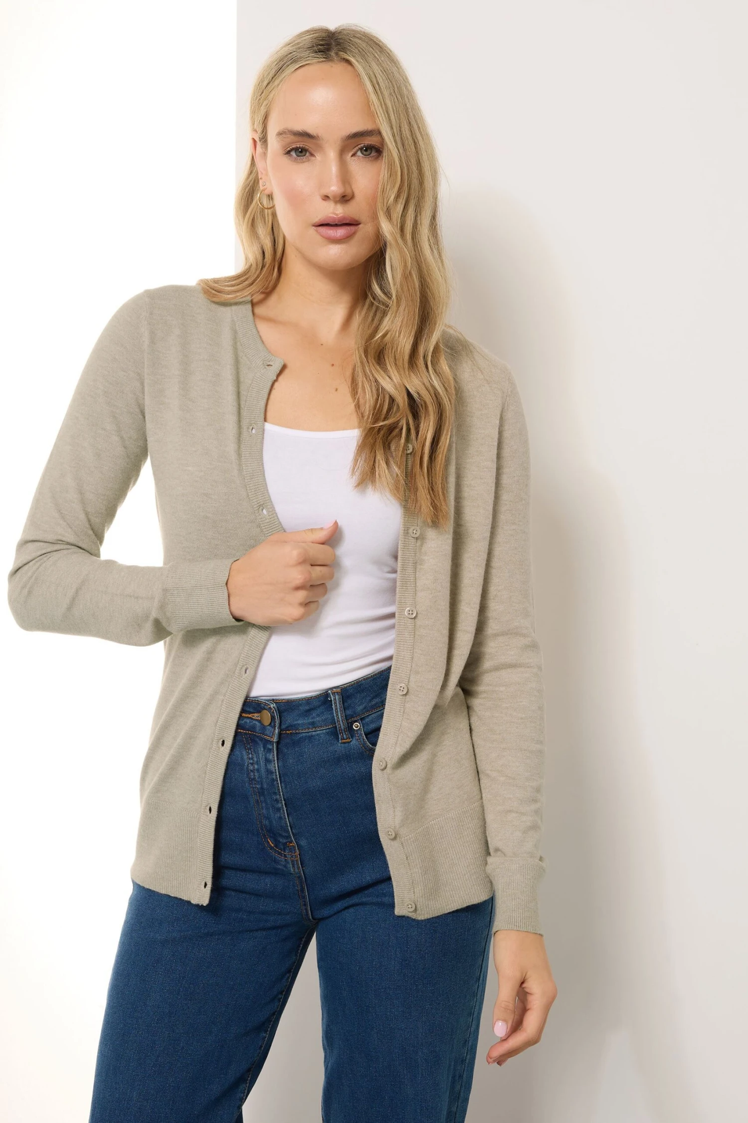 LTS Tall Cream Marl Crew Neck Button Cardigan 3 LTS Tall Cream Marl Crew Neck Button Cardigan