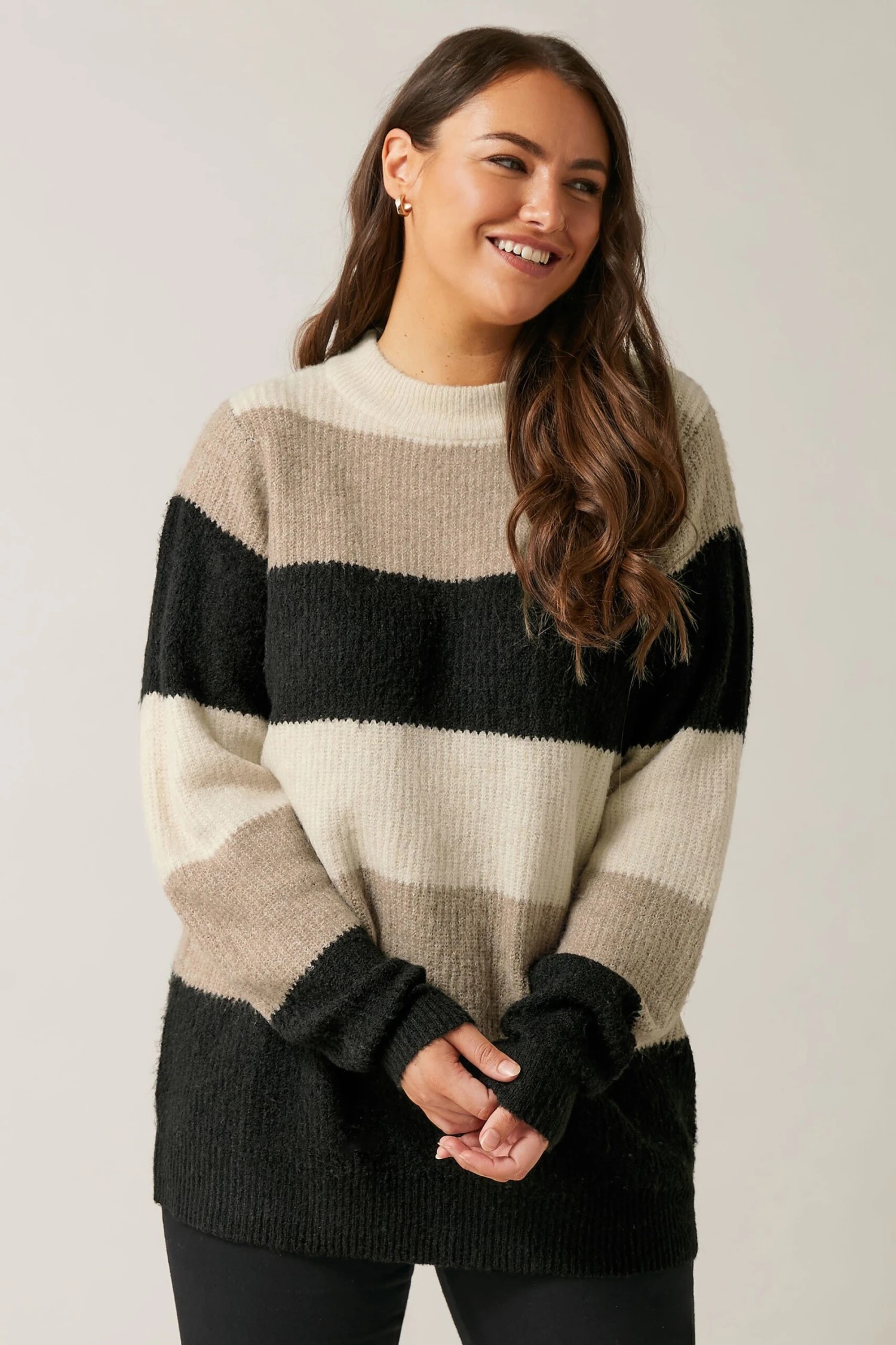 EVANS Curve Natural Brown Colourblock Stripe Knitted Jumper 3 EVANS Curve Natural Brown Colourblock Stripe Knitted Jumper