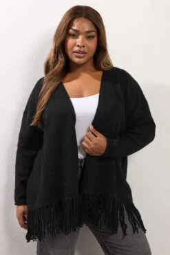 YOURS Curve Cardigan Noir à Ourlet à Franges