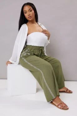 YOURS - Pantalon Wide Leg Vert Kaki Brodé En Lin