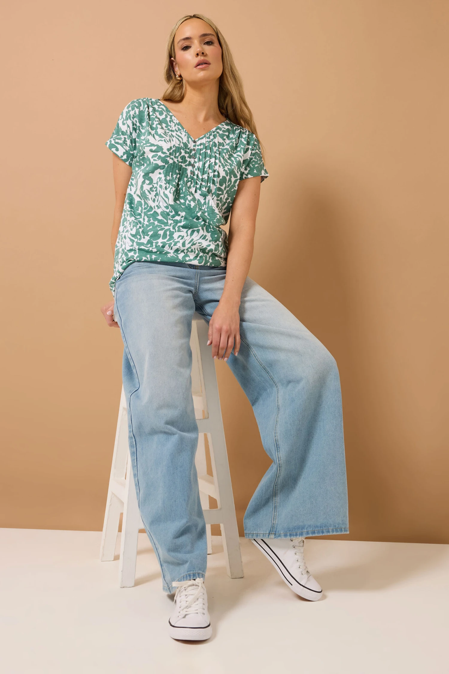 LTS Tall Sage Green Cotton Abstract Floral Henley Top 5 LTS Tall Sage Green Cotton Abstract Floral Henley Top – Image 3