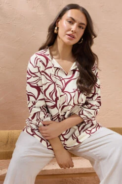 EVANS Curve Natural Brown Abstract Floral Cotton Top