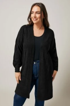 EVANS Curve Black Pointelle Knitted Cardigan