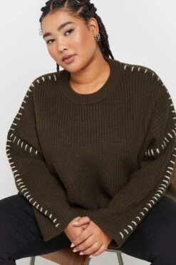 YOURS - Pull En Maille Marron Chocolat Couture Contrastée -Evans Boutique b4f1a43d 3558 40 280486 E