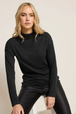 LTS Tall Black Knit Funnel Neck Top