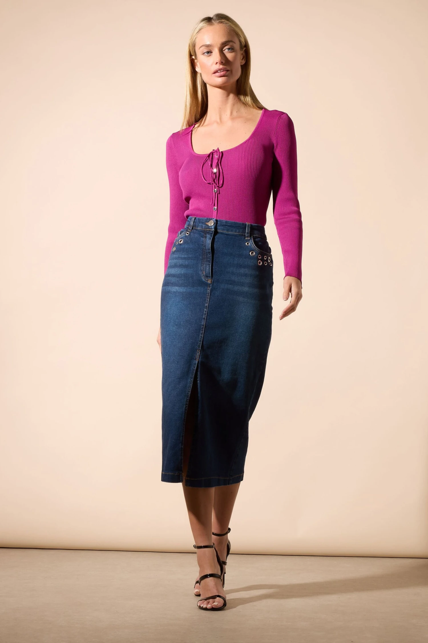 STAR Blue Eyelet Midi Denim Skirt 3 STAR Blue Eyelet Midi Denim Skirt