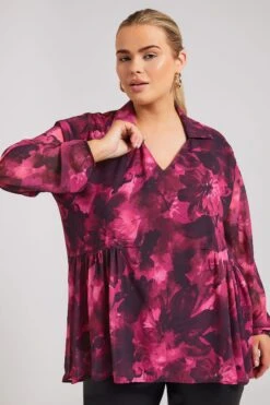 YOURS LONDON - Chemisier Rose Abstrait Plissé Manches Longues