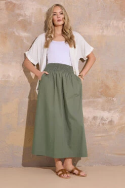 LTS Tall Khaki Green Cotton Shirred Waist Maxi Skirt 11 LTS Tall Khaki Green Cotton Shirred Waist Maxi Skirt -Evans Boutique b758c4ab b982 4b 355981 D