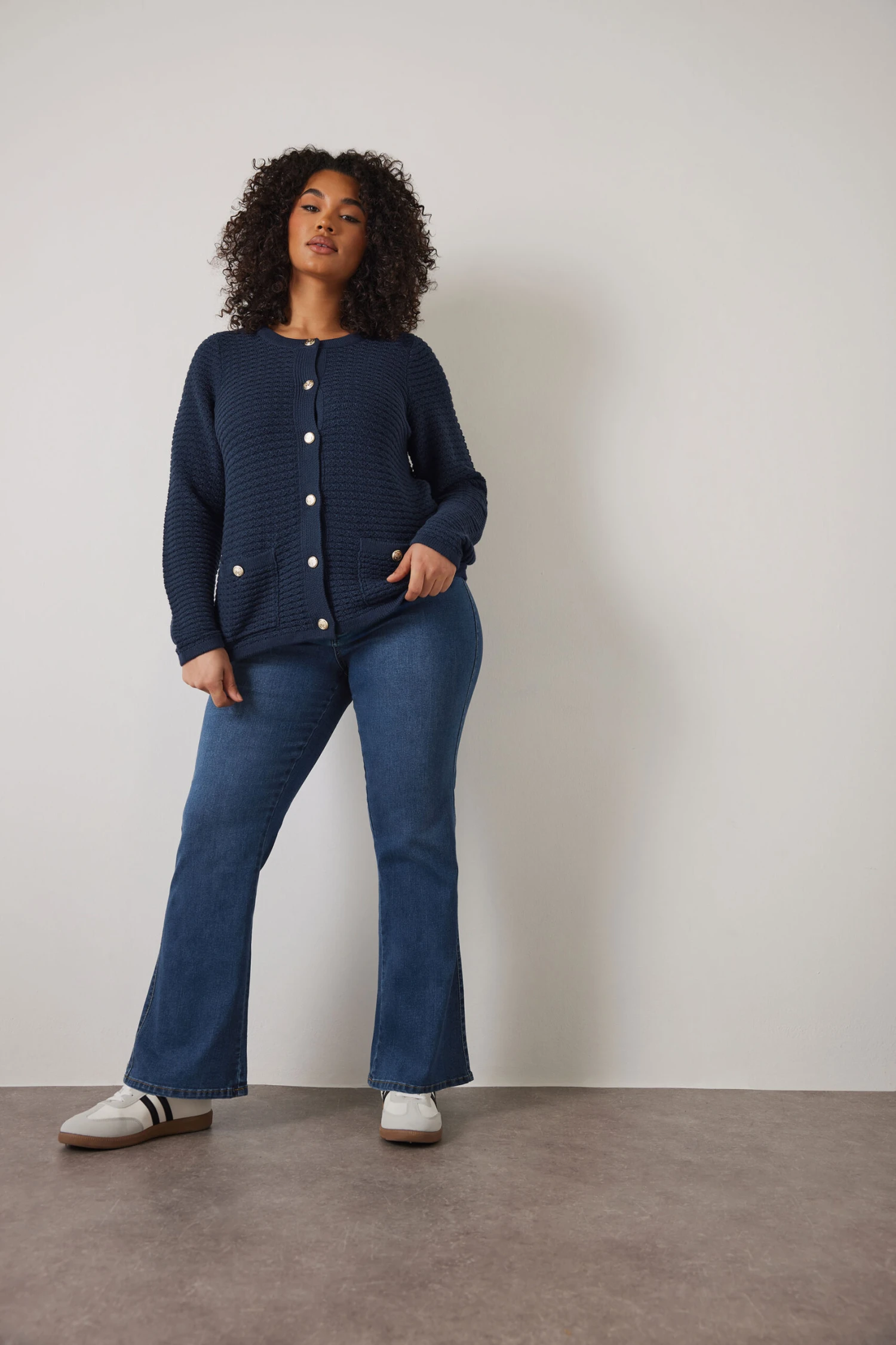 EVANS Curve Navy Blue Button Through Knitted Cardigan 4 EVANS Curve Navy Blue Button Through Knitted Cardigan – Image 2