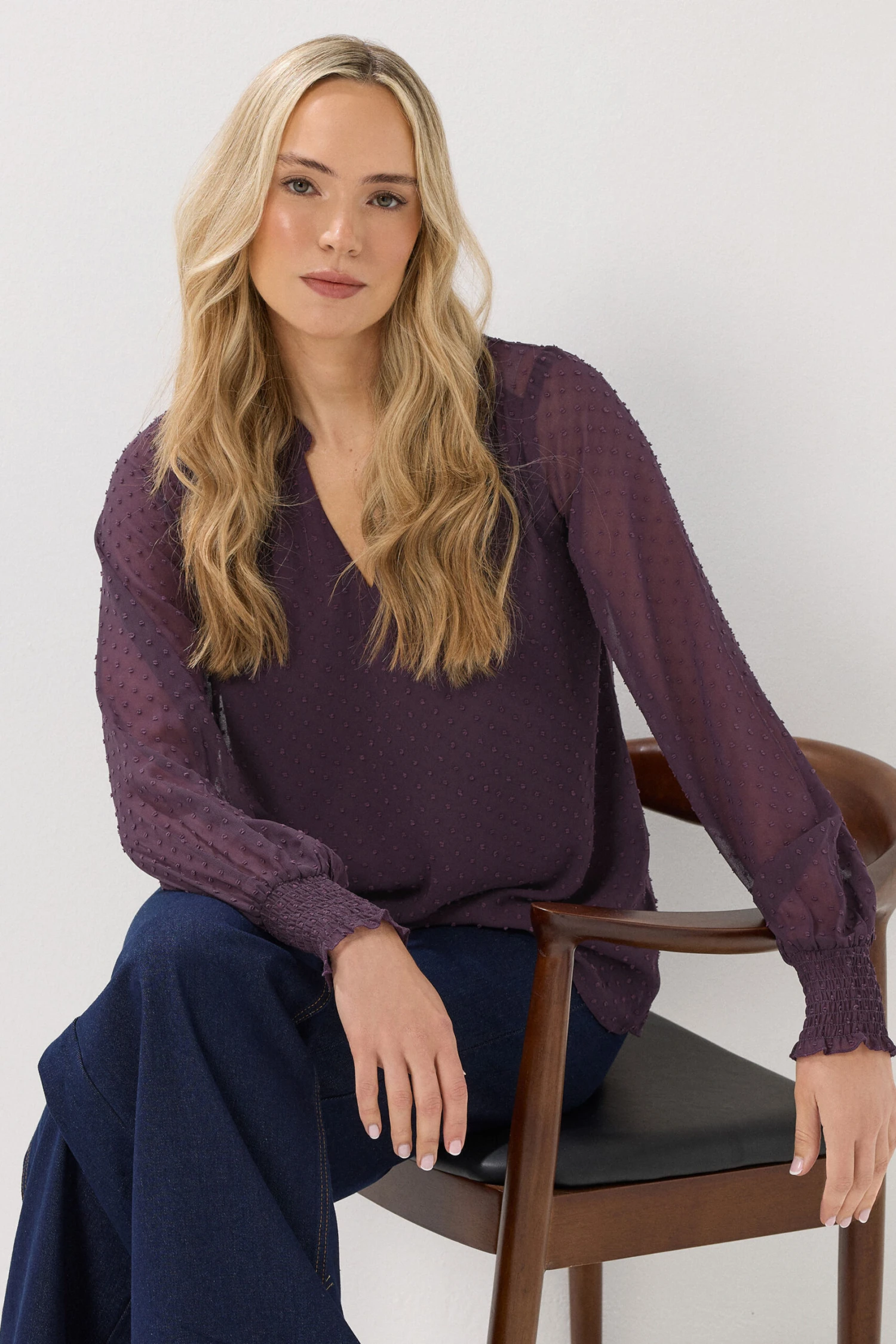 LTS Tall Purple Dobby Spot Shirred Cuff Top 3 LTS Tall Purple Dobby Spot Shirred Cuff Top