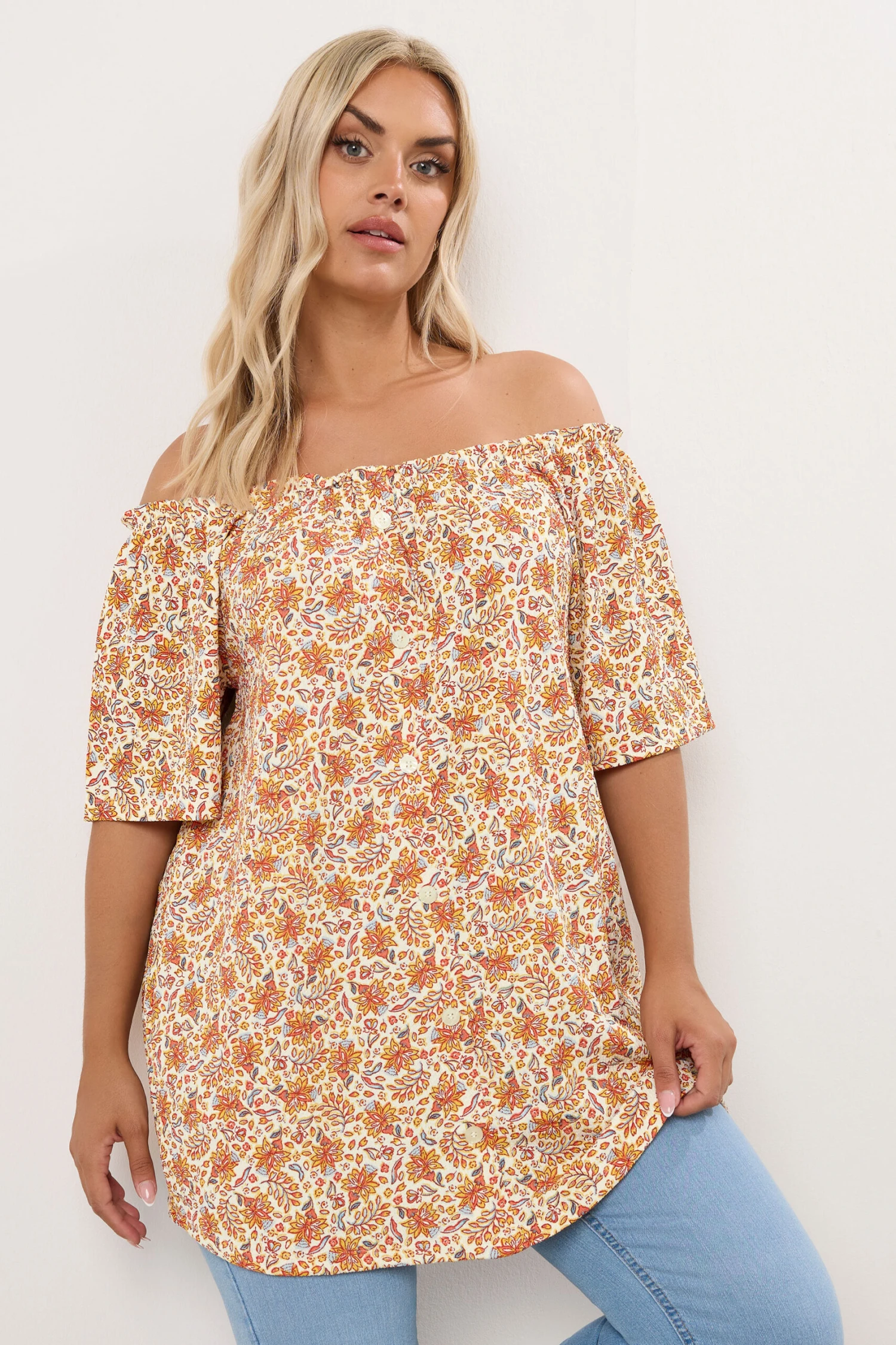 YOURS - Top Bardot Volanté Orange Texturé Floral 3 YOURS - Top Bardot Volanté Orange Texturé Floral