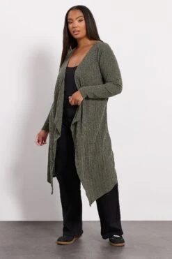 YOURS Curve Cardigan Côtelé Vert Kaki En Cascade Midaxi -Evans Boutique b9938dff e7a0 48 322858 B