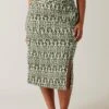 EVANS Curve Olive Green Ikat Print Crinkle Midi Skirt -Evans Boutique b9b5b322 a602 4c 615513 A