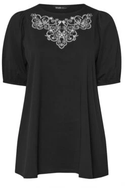 YOURS - Top Noir Design Floral Brodé Manches Bouffantes -Evans Boutique bb35342d 96c0 49 322364 X