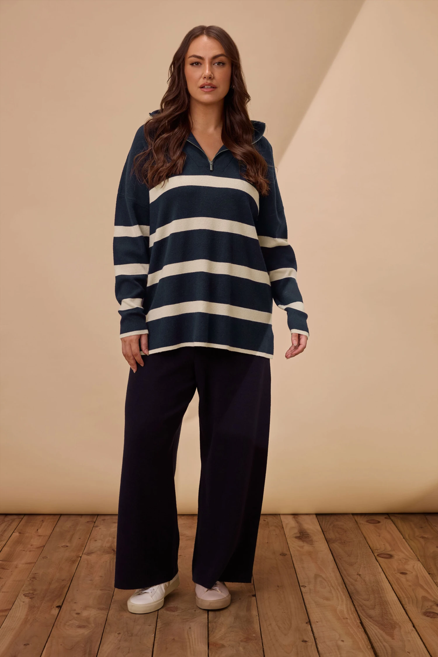 EVANS Curve Navy & White Stripe Quarter Zip Jumper 4 EVANS Curve Navy & White Stripe Quarter Zip Jumper – Image 2
