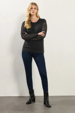 LTS Tall Black Lace Sleeve Knit Jumper 8 LTS Tall Black Lace Sleeve Knit Jumper -Evans Boutique bd0f92d9 be94 40 356083 B