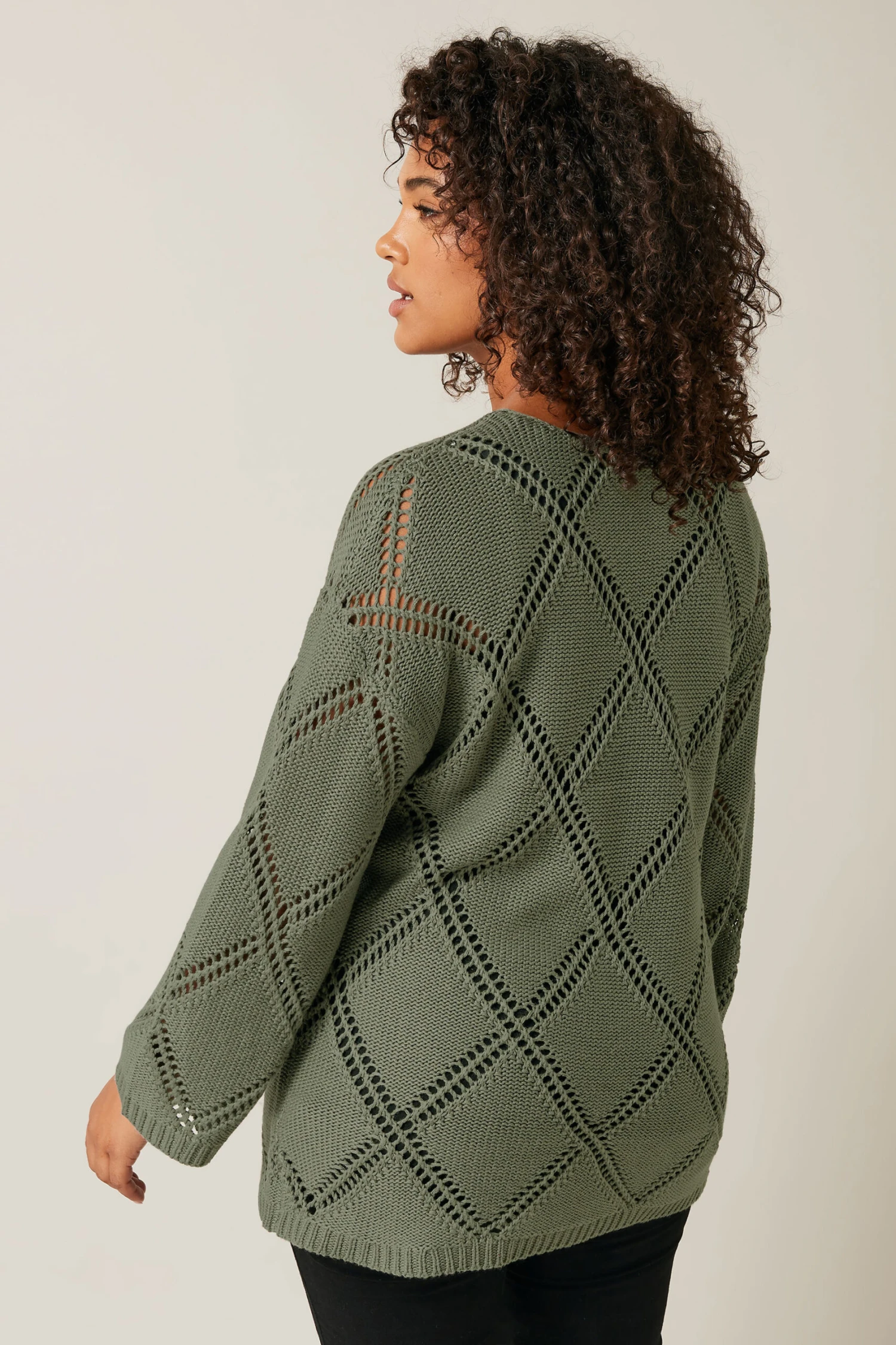 EVANS Curve Khaki Green Diamond Pointelle Jumper 5 EVANS Curve Khaki Green Diamond Pointelle Jumper – Image 3