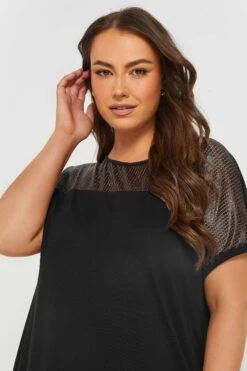 YOURS - Top Noir En Filet & Sequins Manches Courtes -Evans Boutique bf19fc99 e5ae 45 303868 D