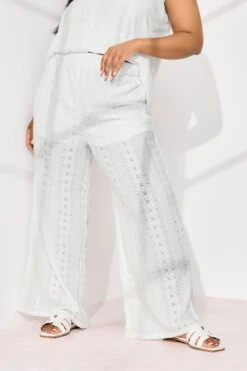 YOURS - Pantalon Blanc Wide Leg En Lin Broderie Anglaise -Evans Boutique bf205788 5dbe 46 310060 B