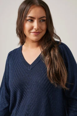 EVANS Curve Navy Blue Metallic Knitted Jumper -Evans Boutique bf3cdad7 5560 4a 615662 D