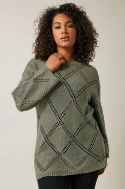 EVANS Curve Khaki Green Diamond Pointelle Jumper