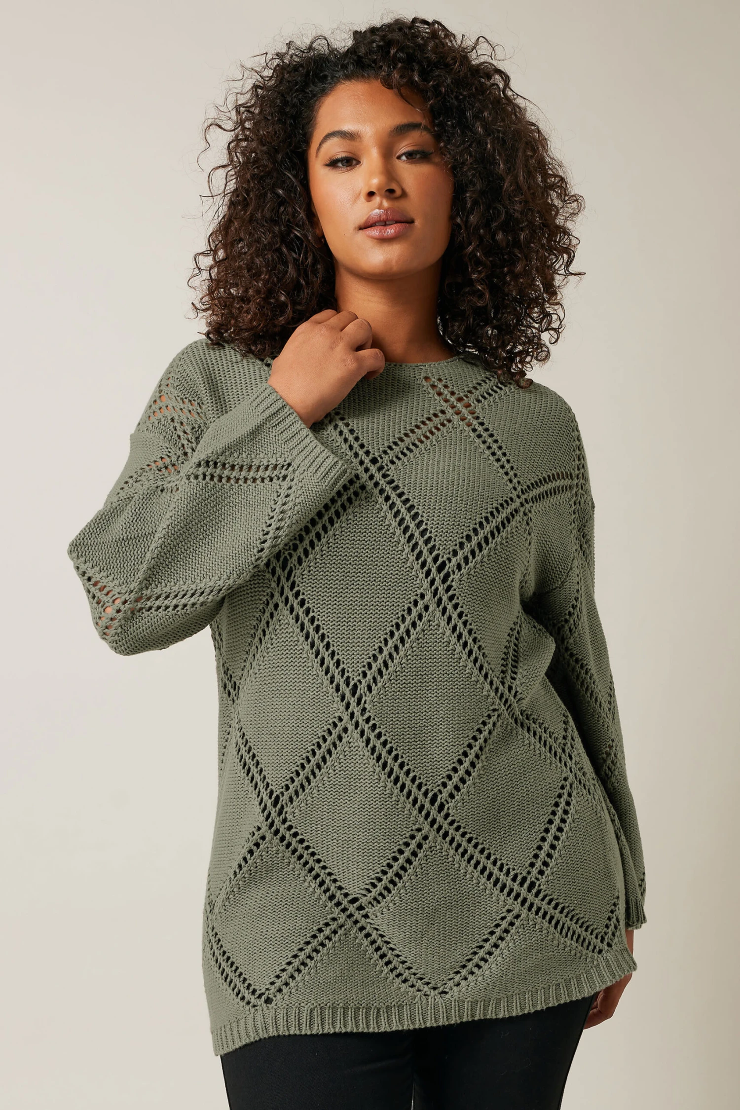 EVANS Curve Khaki Green Diamond Pointelle Jumper 3 EVANS Curve Khaki Green Diamond Pointelle Jumper