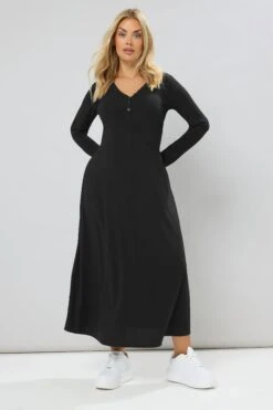 YOURS Curve Robe Longue Noire Côtelée à Col Henley