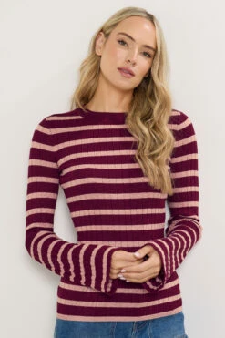 LTS Tall Burgundy Red Striped Ribbed Jumper