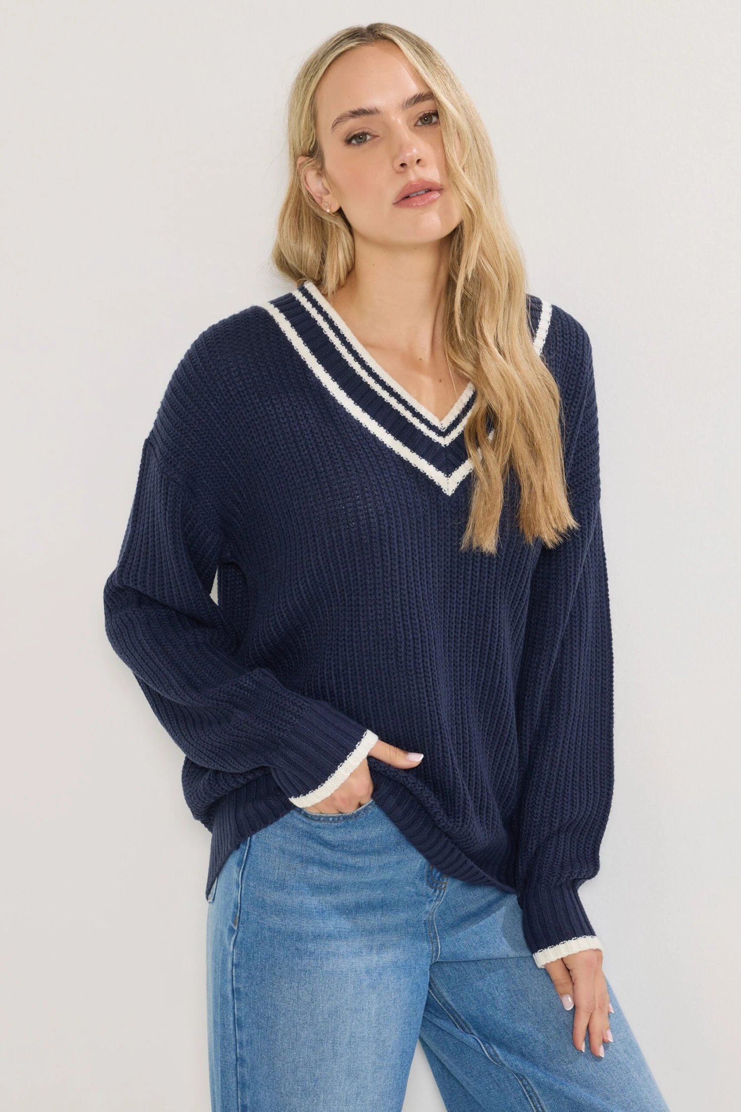 LTS Tall Navy Blue Contrast V-Neck Jumper 4 LTS Tall Navy Blue Contrast V-Neck Jumper – Image 2